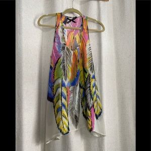 Racerback sheer tank top w/ colorful feather print